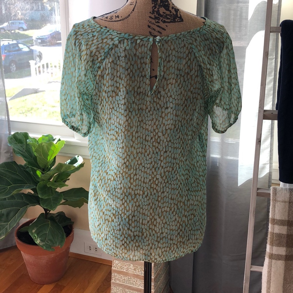 CAbi Pebble Keyhole Green and Tan Short Sleeve Top #Cabi lot 602 polyester top - Picture 4 of 5